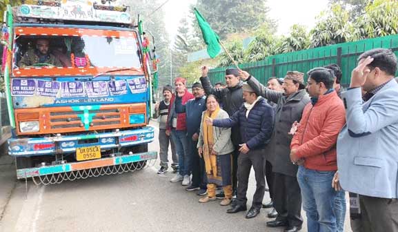 Union Minister Ajay Bhatt flagged off two trucks of relief material sent from Haldwani to Joshimath disaster victims