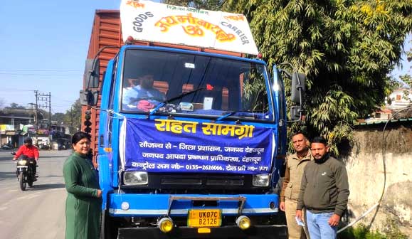 Two vehicles filled with logistics material sent from District Disaster Operation Center Dehradun to the affected people of Joshimath landslide area