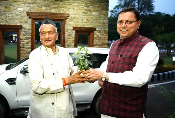 Former Chief Minister of the state and former Governor (Maharashtra) Bhagat Singh Koshyari paid a courtesy call on Chief Minister Dhami