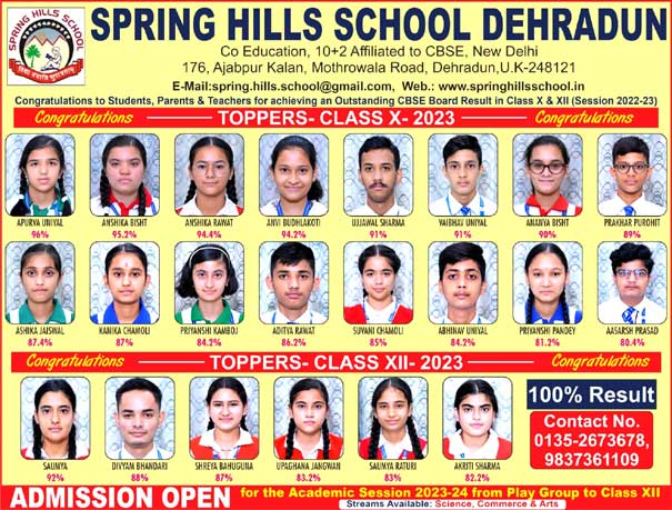 Excellent performance of students of Spring Hills School in CBSE 10th and 12th Board Exams