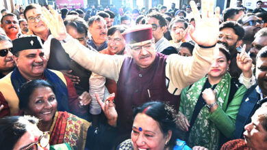 Cabinet Minister Ganesh Joshi celebrates BJP's landslide victory in three states at BJP state office