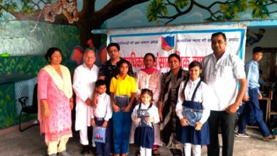 School dress was distributed to girl students by Human Rights and Social Justice Organization through social worker Vaibhav Goyal.